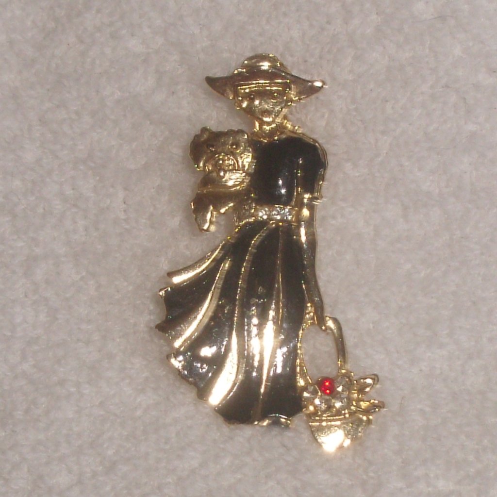 Pin Brooch Lady Dog Basket Gold Black Enamel